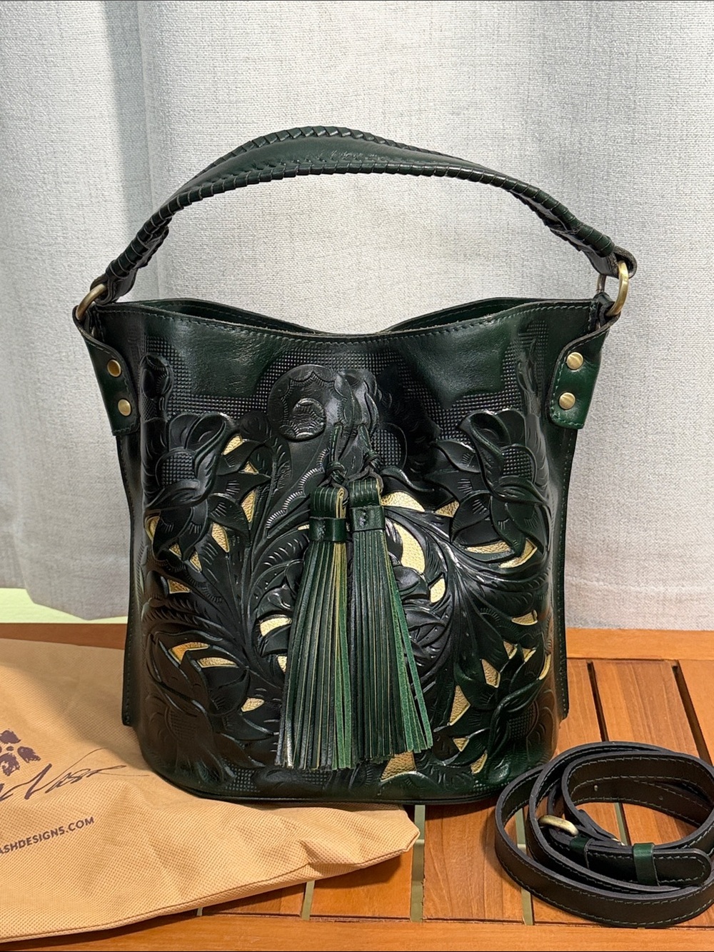Patricia Nash Hand-Tooled Green Leather Otavia Shoulder Bag with Tassel
